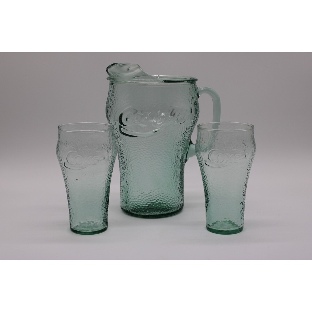 Vintage Coca Cola Pitcher and 2 Glasses Set Pebbled Green Glass Coke - Picture 4 of 11